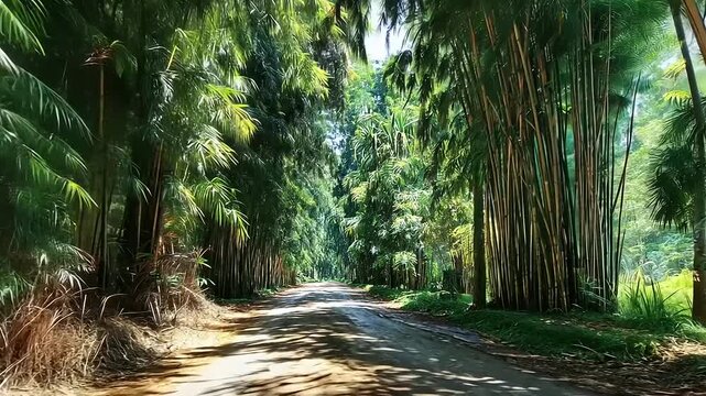 Serene tropical forest pathway with tall trees and dappled sunlight.