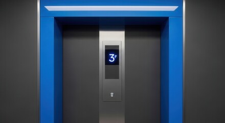 Fototapeta premium Modern Elevator with Blue Framing, Showing the Third Floor Digital Display, Clean Design