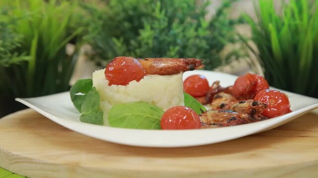 Plating and presentation of celery root puree with fried shrimp and cherry tomatoes