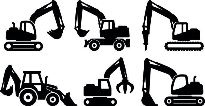 Flat design construction vehicle icon set showing multiple excavators backhoe loader demolition grapple silhouettes black vector clean monochrome simple icons