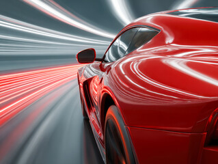Fototapeta premium Red sports car speeding through a futuristic tunnel with dynamic light trails showcasing motion and sleek aerodynamic design in a high-tech urban environment