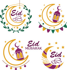 Set of Four Creative Eid Mubarak Badges with Crescent Moon and Lantern Icons