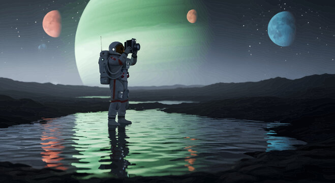 Astronaut exploring alien planet with advanced camera equipment.