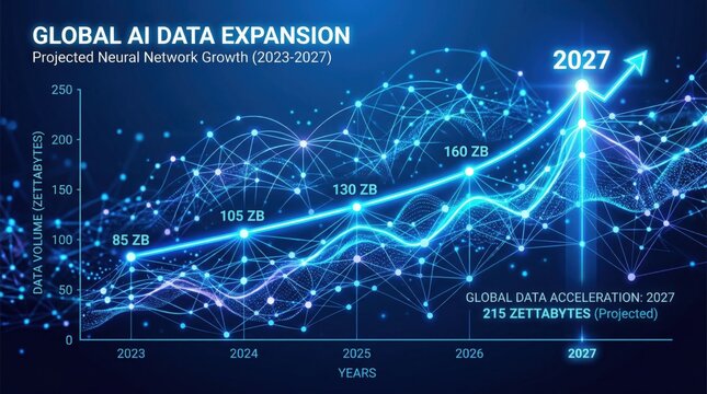 Global AI data expansion chart rising to 2027 with digital network background. Future analytics concept.