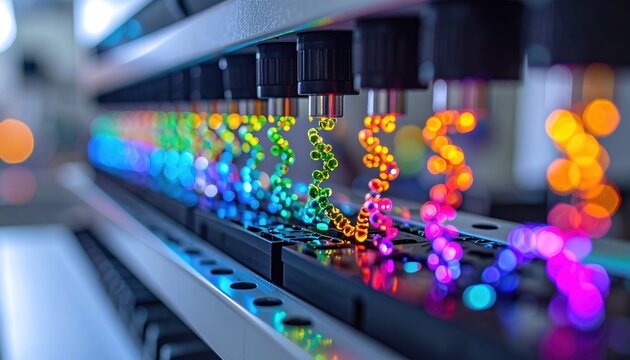 Automated DNA sequencing machine with colorful fluorescent markers.