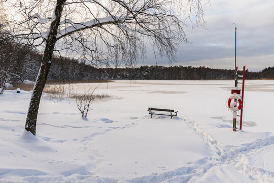 Empty park bench in a vast and silent snowy winter landscape