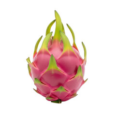 A vibrant pink dragon fruit with green scales on a white background.