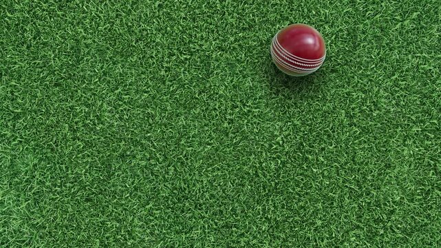 Red cricket ball resting on green grass field with wide copy space sports background horizontal 4K footage