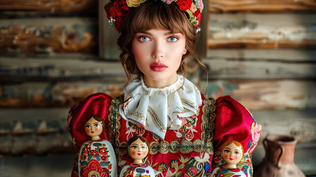 Elegant studio portrait of a woman wearing ornate Russian folk attire with floral crown and Matryoshka dolls, blending cultural heritage and high-fashion editorial aesthetics.