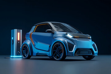 Obraz premium Futuristic Blue Electric Car Charging Station with Neon Lights.