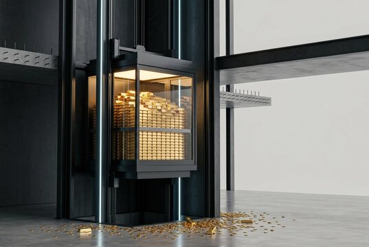 A premium 3D concept showcasing a sleek modern elevator made of matte black metal and glass, filled with gold bars rising in a vertical shaft with subtle luminous design elements