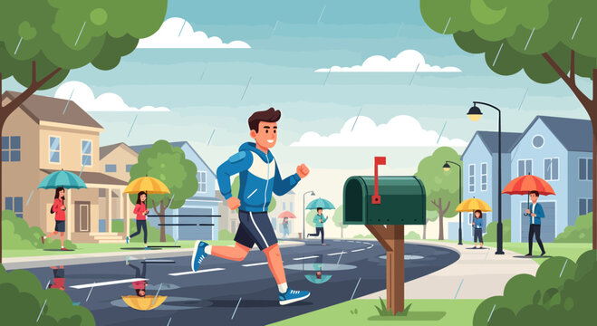 Young man running in the rain on a suburban street.