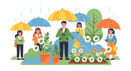 Fototapeta premium People Gardening Under Umbrellas in Rainy Weather.