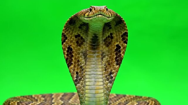 Close-up of a venomous cobra snake with its hood flared, facing the camera with a green screen background