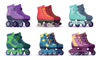 Naklejka premium Roller skates. 80s shoes with rubber wheels exact vector sport skates set