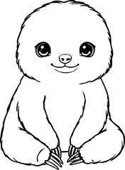 Naklejka premium Adorable smiling baby sloth sitting down presented as a simple black and white outline drawing perfect for coloring pages and whimsical designs