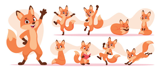 Obraz premium Fox. Cartoon fox in different action poses exact vector wild cute animal
