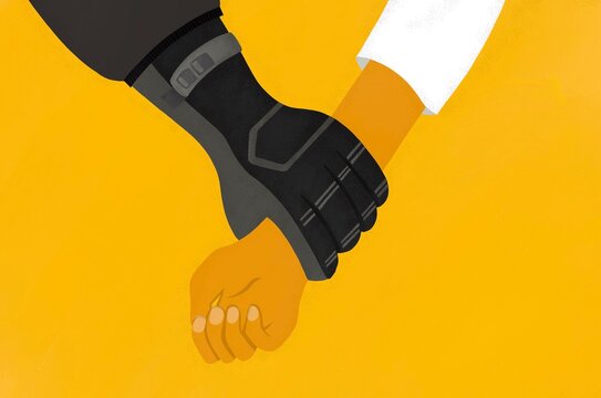 A uniformed gloves hand grabs a persons arm.