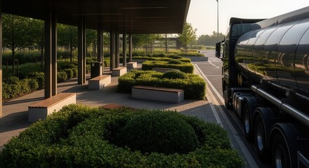 Modern Transport Hub with Lush Greenery and Semi Truck Near a Bus Shelter