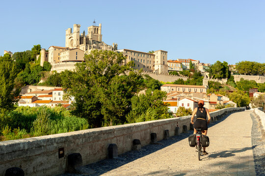 Cyclist Approaching B&Atilde;&copy;ziers Historic Center