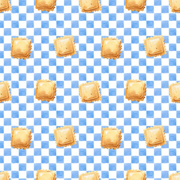 Seamless Watercolor Pattern with Ravioli on Checkered Background