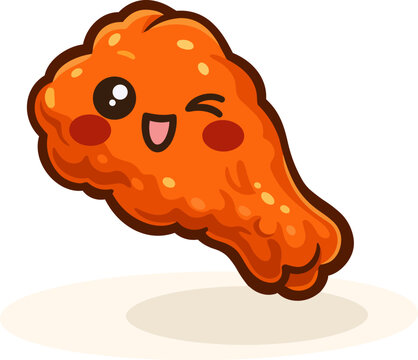 kawaii buffalo wing with a shiny orange coating and a happy expression. The buffalo wing is designed with big, sparkling eyes and a winking face, giving it a charming and fun character.