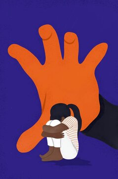 A hand reaches to grab a fearful child