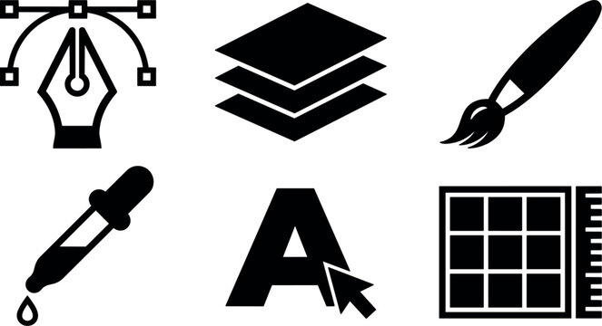 Flat design desktop icon set pen tool layers paint brush eyedropper text cursor grid layout tools for designers vector collection