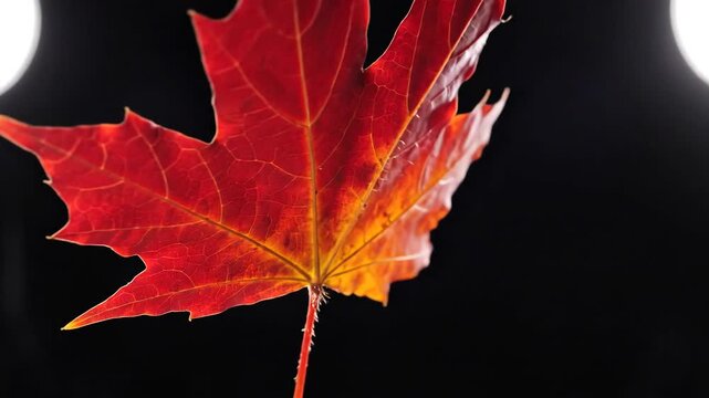 Vibrant red and yellow maple leaf isolated on a stark black background showcasing autumns beauty and the iconic symbol of Canada in a closeup studio shot.