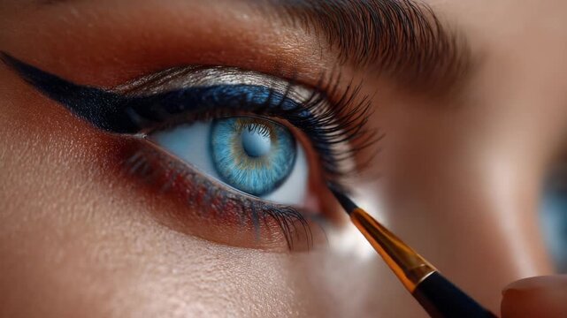 Close-up of a woman's blue eye with dramatic winged eyeliner being applied by a brush