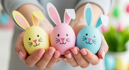 Hands holding cute bunny Easter eggs