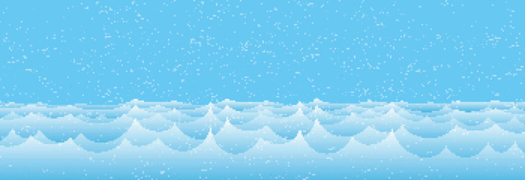 A pixel winter seascape with a blue wave.
