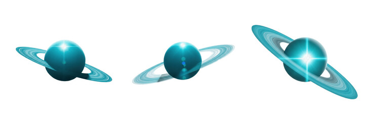 Set and collection of realistic teal glowing planets with rings isolated on white transparent png background © fixa