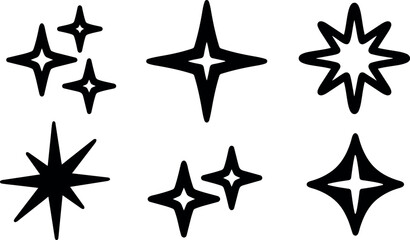 Obraz premium Hand drawn sparkle vector set flat design star icons arranged in six variations black outline close up isolated on white