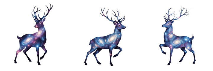 Set and collection of majestic cosmic deer with glowing galaxy stars and nebula textures isolated on white transparent png background © fixa