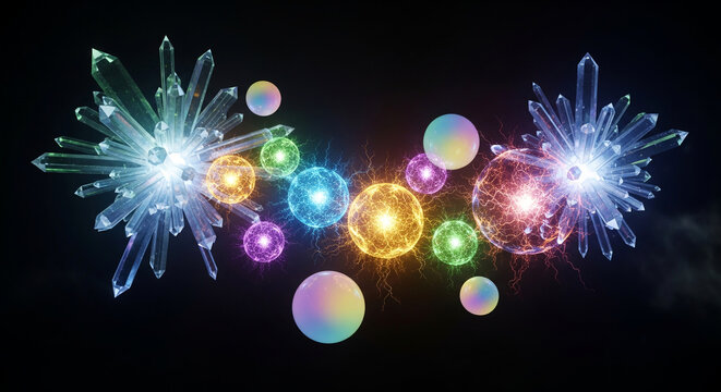 Abstract collection of glowing cosmic orbs and crystalline structures against a dark background