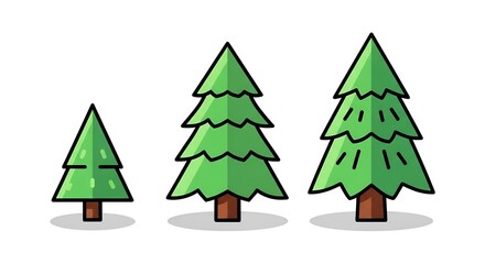 Fototapeta premium Three green pine trees in different sizes with brown trunks