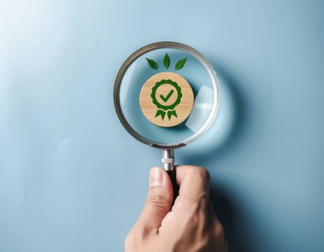 Magnifying glass focusing on wooden stamp with green check mark and leaves symbolizing quality assurance and ecofriendly certification