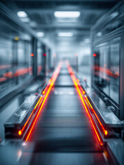 Fototapeta premium Futuristic conveyor belt system glowing with vibrant orange light in a high-tech industrial setting with blurred background and sleek metallic design