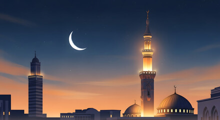 Fototapeta premium Eid mubarak greeting with crescent moon and mosque silhouette at sunset
