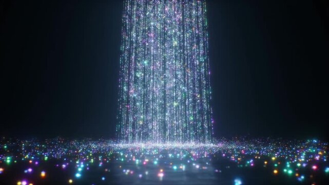 Vibrant digital waterfall of sparkling particles in dark space