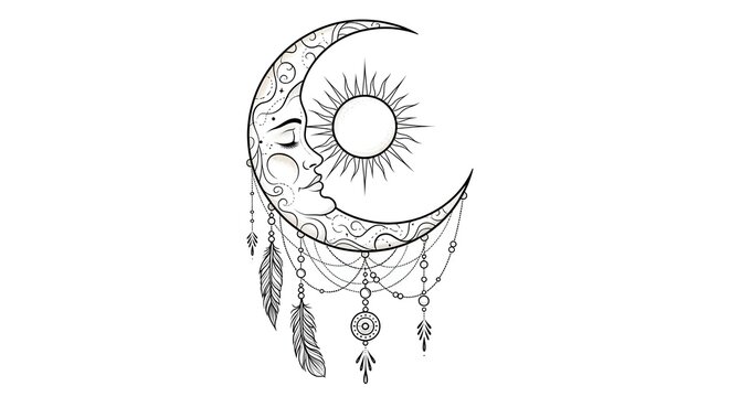Dreamcatcher with crescent moon and sun face kissing