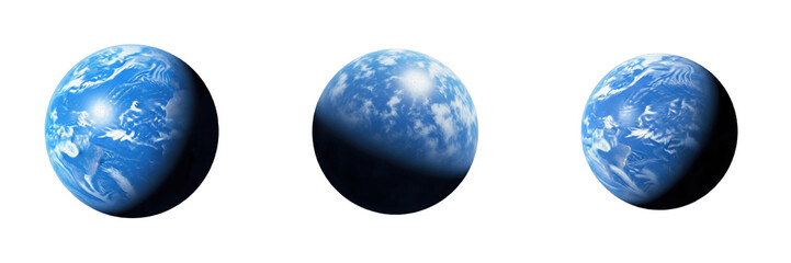 Set and collection of realistic blue earth like water planets with white clouds isolated on white transparent png background © fixa