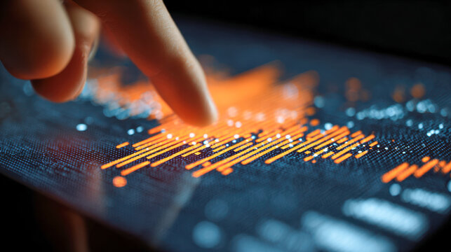 Finger interacting with futuristic digital touch screen display showing dynamic orange data visualizations and abstract technology interface patterns