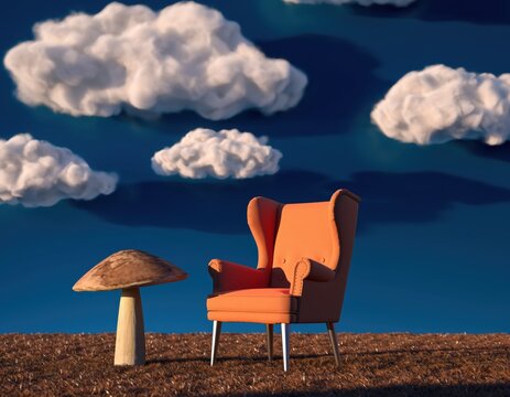 Surreal scene with orange armchair and mushroom under blue sky with clouds