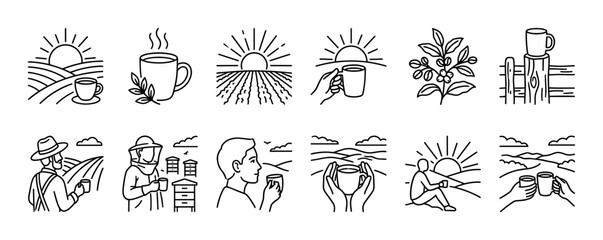 Collection of minimalist coffee themed line icons featuring rural farm landscapes, sunrise scenes, farmers, and hot beverage mugs in a simple black and white outline style isolated on white