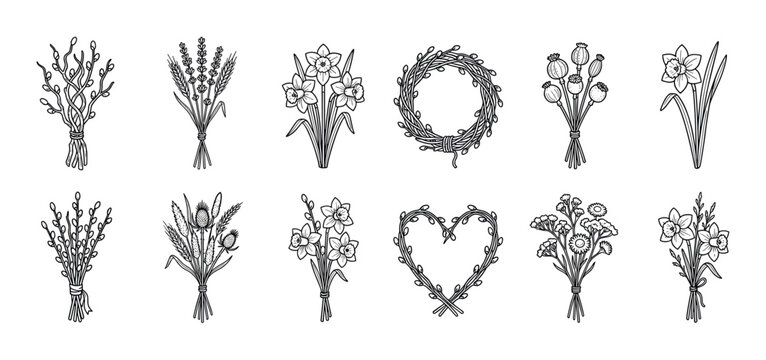 Hand-drawn black and white floral illustrations set with spring bouquets of pussy willow, daffodil, lavender, and poppy, plus rustic twig wreaths isolated on a white background