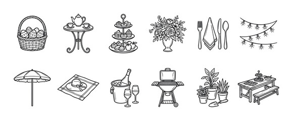 Set of black and white garden party doodle icons showing a picnic basket, barbecue grill, tea set, flowers, and outdoor celebration elements in a simple line art style isolated on white