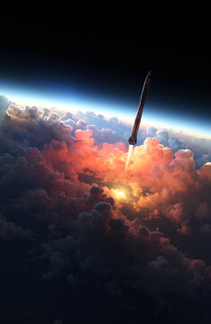 Space rocket launch through the clouds