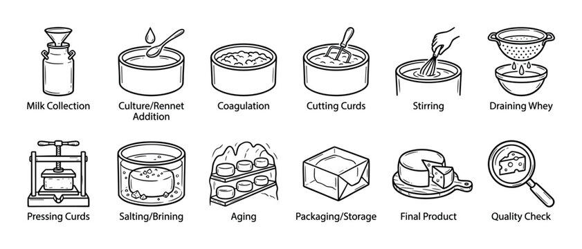 Cheese making process icon set showing steps from milk collection to final product quality check, a black and white line art illustration isolated on a white background